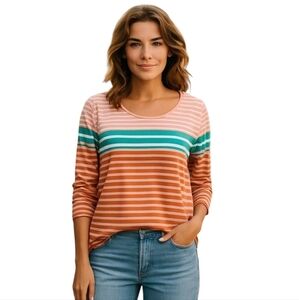 J. Jill Pink Striped Pullover Scoop Neck Long Sleeve Knit Top Size Small Pima